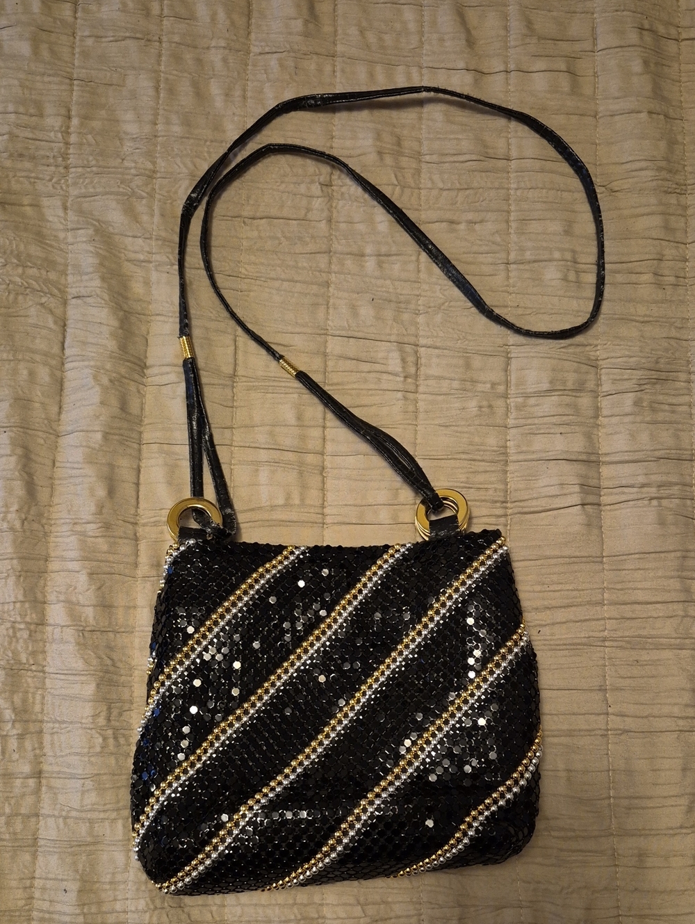 Black Sequin Crossbody Bag with Gold and Silver Trim